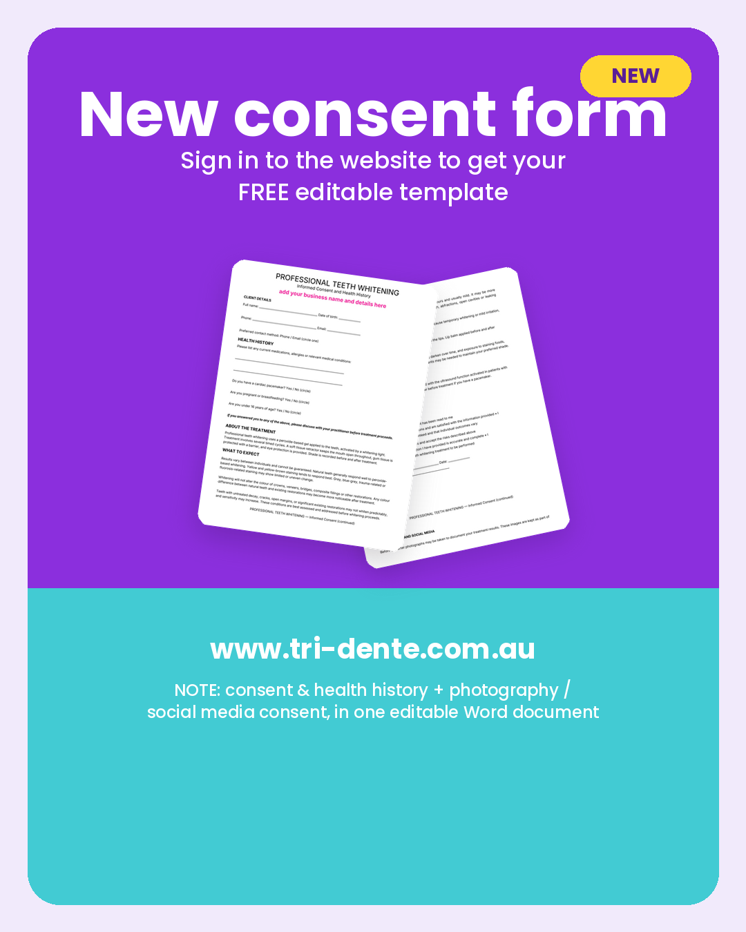 Teeth whitening consent form template, free editable download for dental and beauty professionals from Tri-Dente