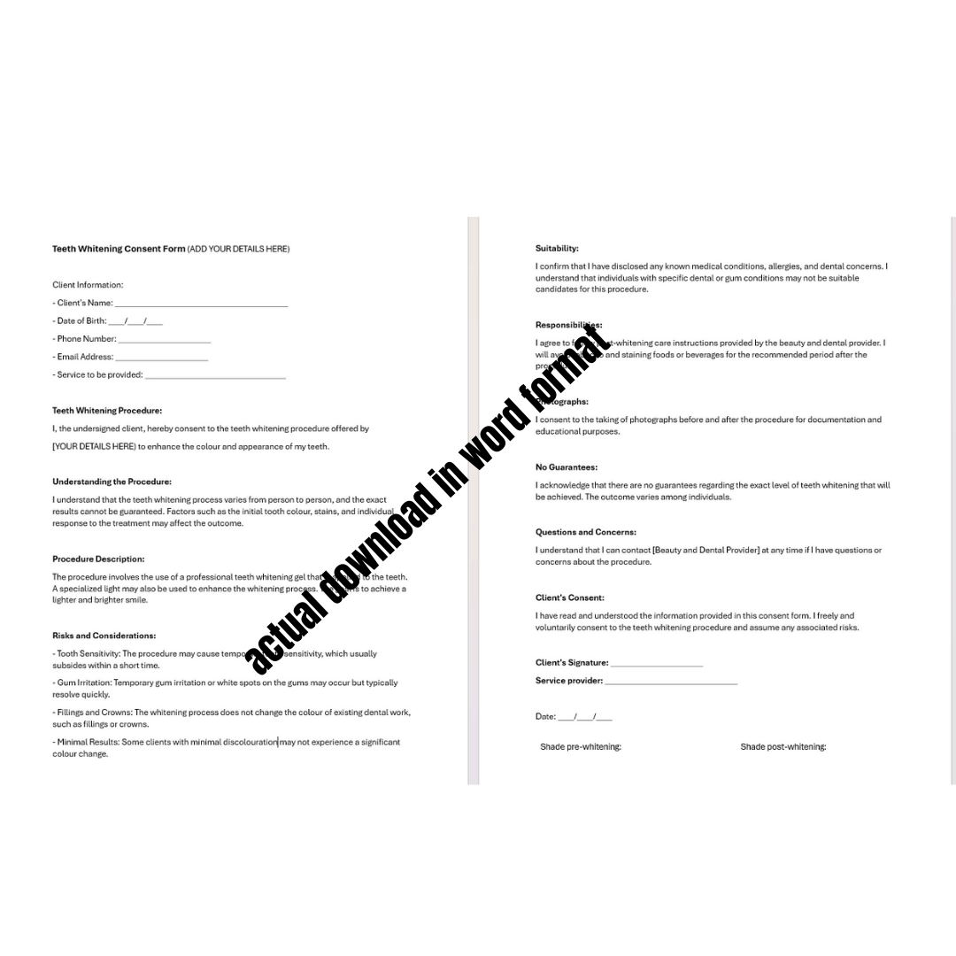 Teeth whitening Consent FORM (editable word document)