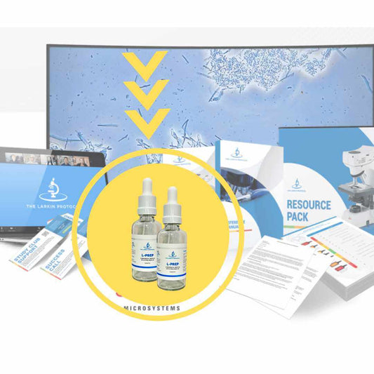 L-Prep Oral Biofilm Mounting Solution, a balanced solution designed for precise wet mounting in microscopy. This 50 ml bottle of solution is essential for dental professionals utilizing the Larkin Protocol in Australia, offering clarity and integrity for oral biofilm analysis.