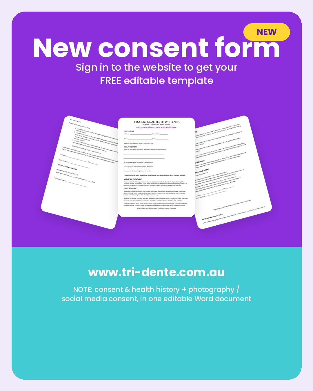Promotional graphic for a digital Teeth Whitening consent form template, from Tri-Dente teeth whitening supplies