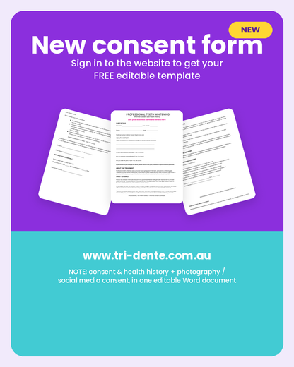 Promotional graphic for a digital Teeth Whitening consent form template, from Tri-Dente teeth whitening supplies