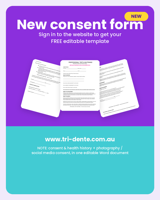 Promotional graphic for a digital Teeth Whitening consent form template, from Tri-Dente teeth whitening supplies