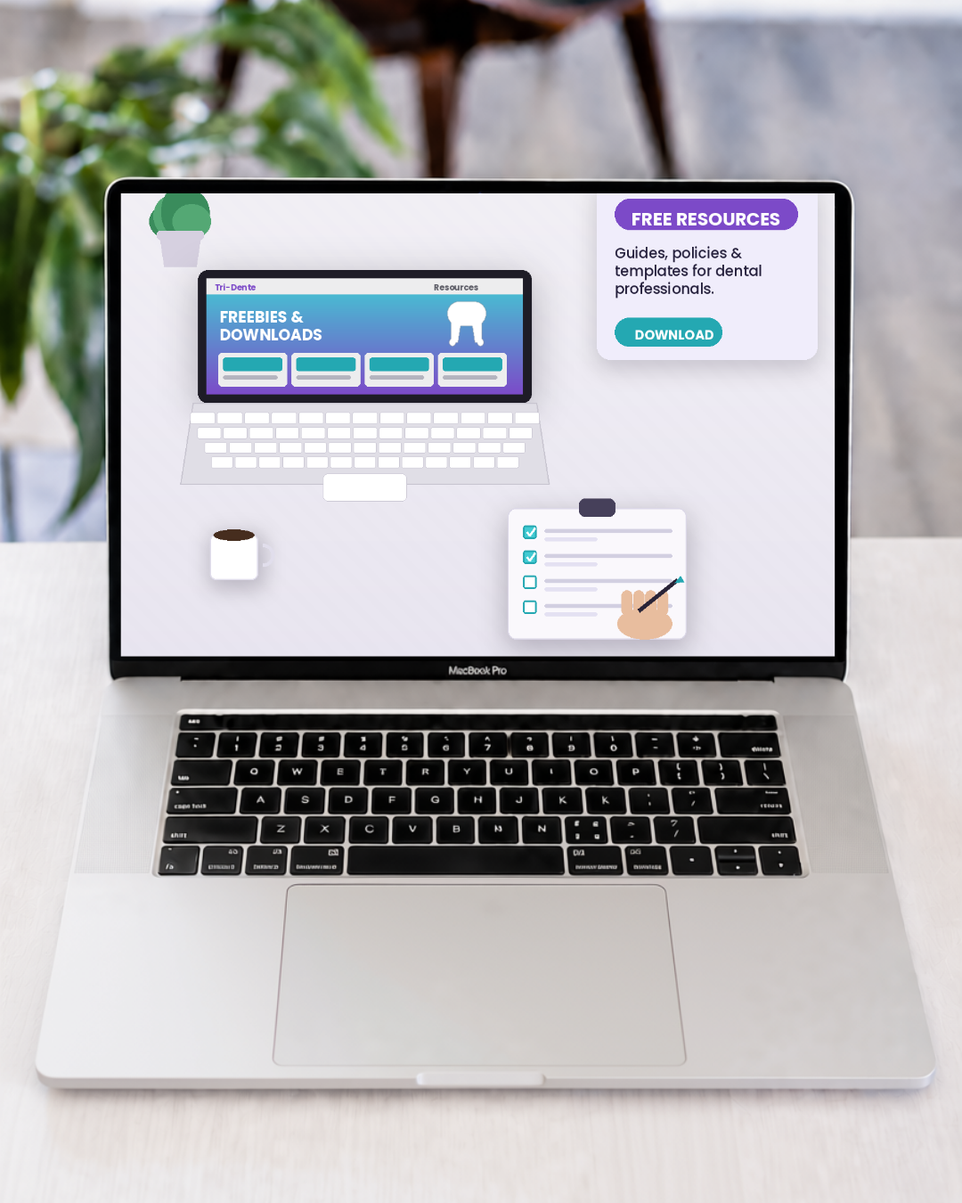Illustration of a laptop, clipboard and checklist representing free downloadable resources for dental professionals from Tri-Dente